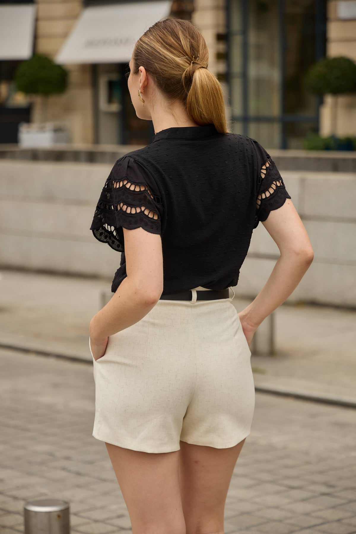 Lace Shoulder Dot Blouse | Black