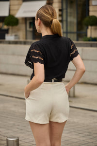 Lace Shoulder Dot Blouse | Black