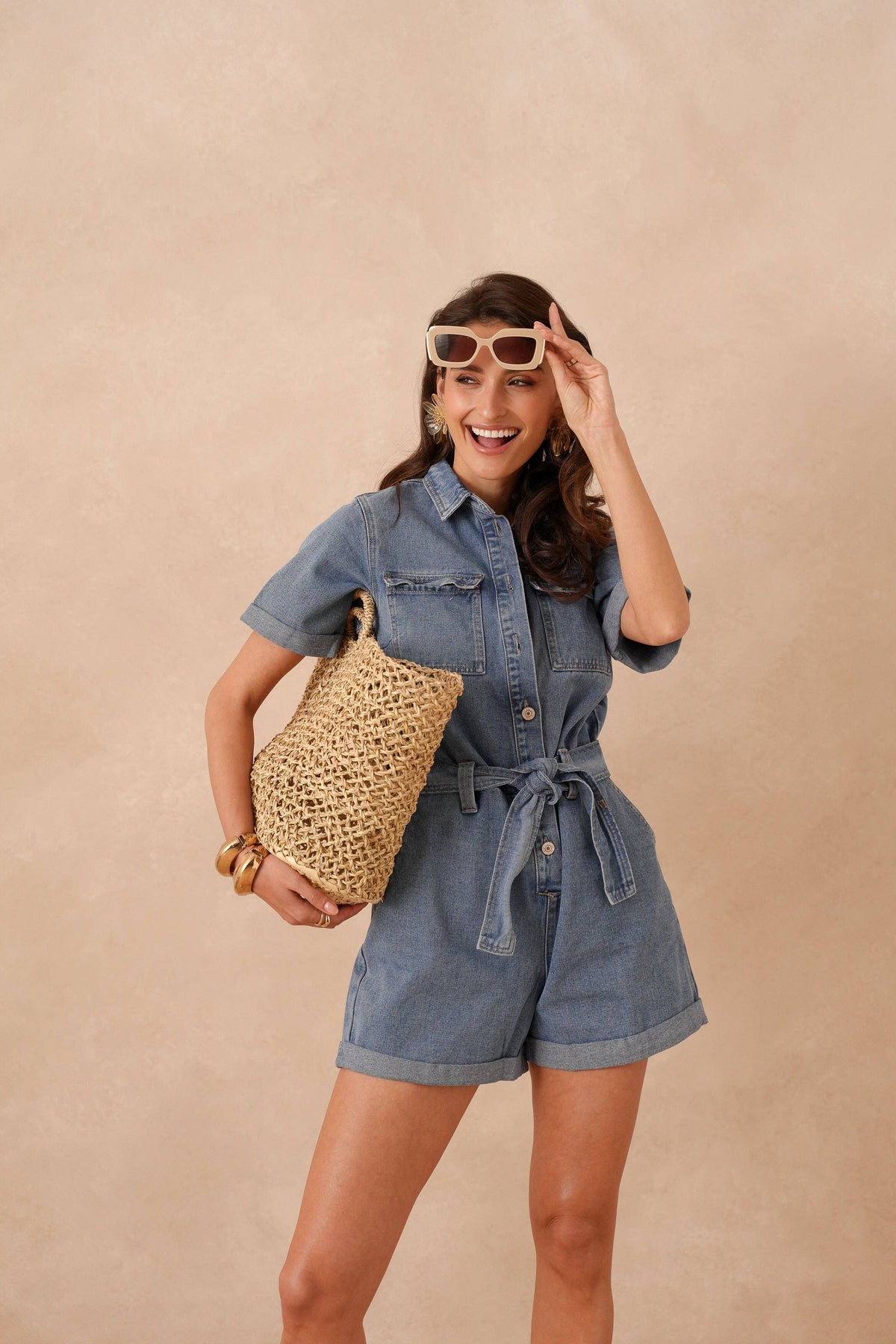 Mid Wash Denim Short Playsuit