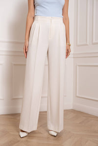 White Wide Leg Fluid High-Waisted Trousers with Belt Loops.