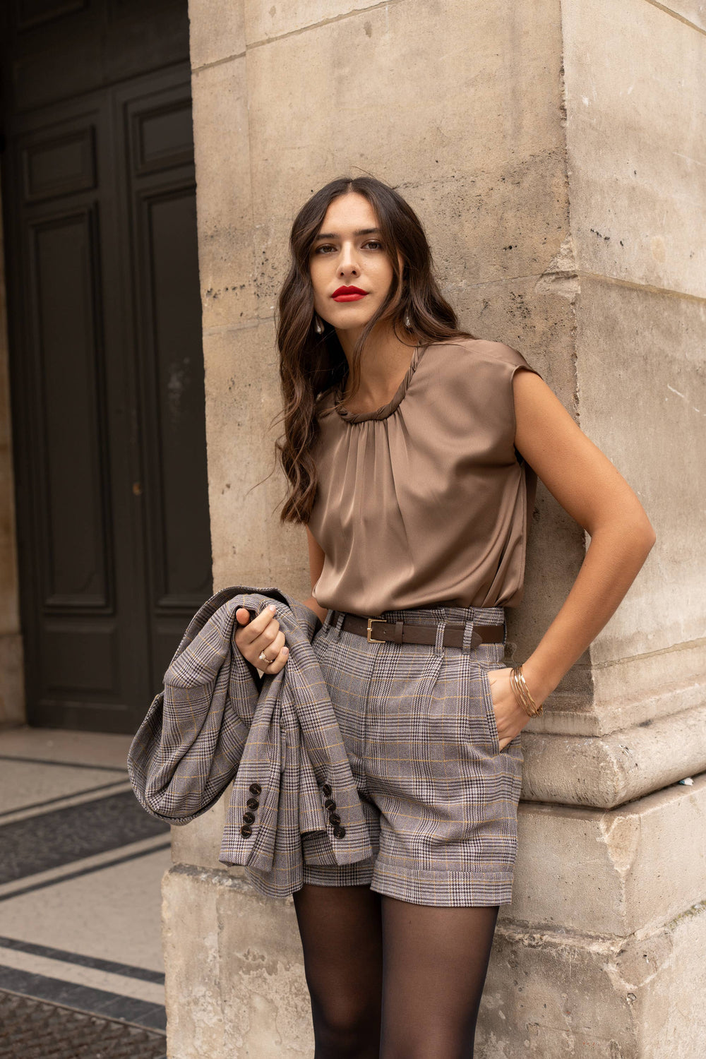Cropped Sleeve Satin Top with Twisted Collar Detail