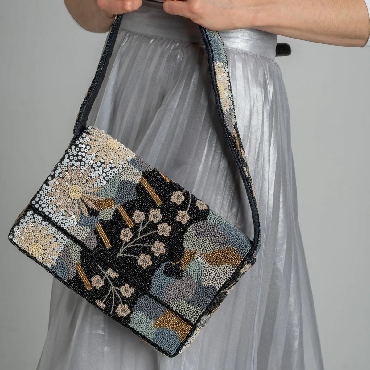 Black Floral Beaded Shoulder Bag