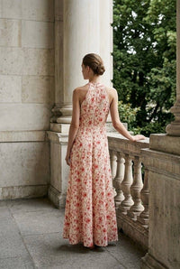 Long Printed Halter-Neck Style Cotton Dress
