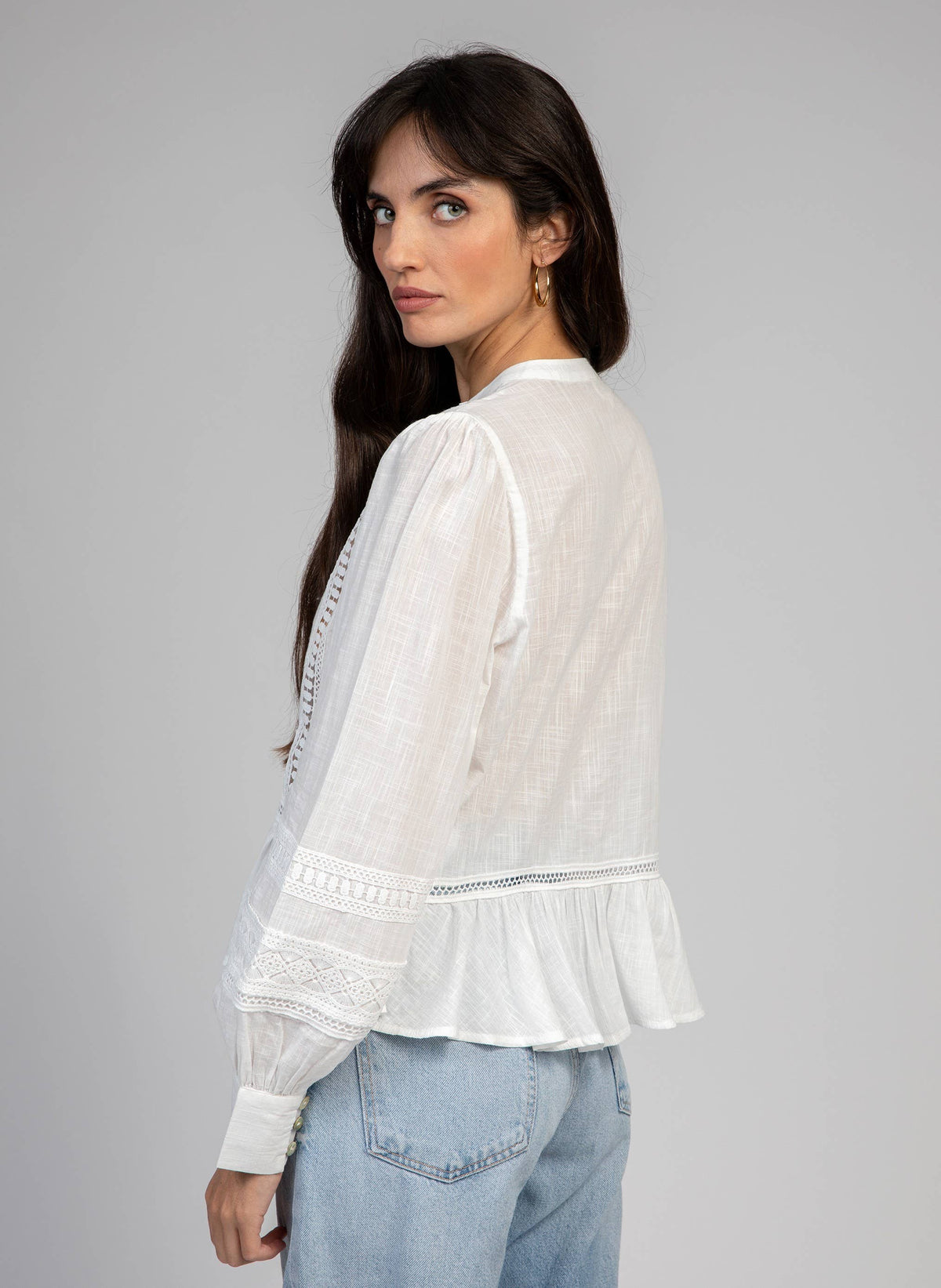 SYNDIOU White Lace Cotton Blouse with Tie Detail in White
