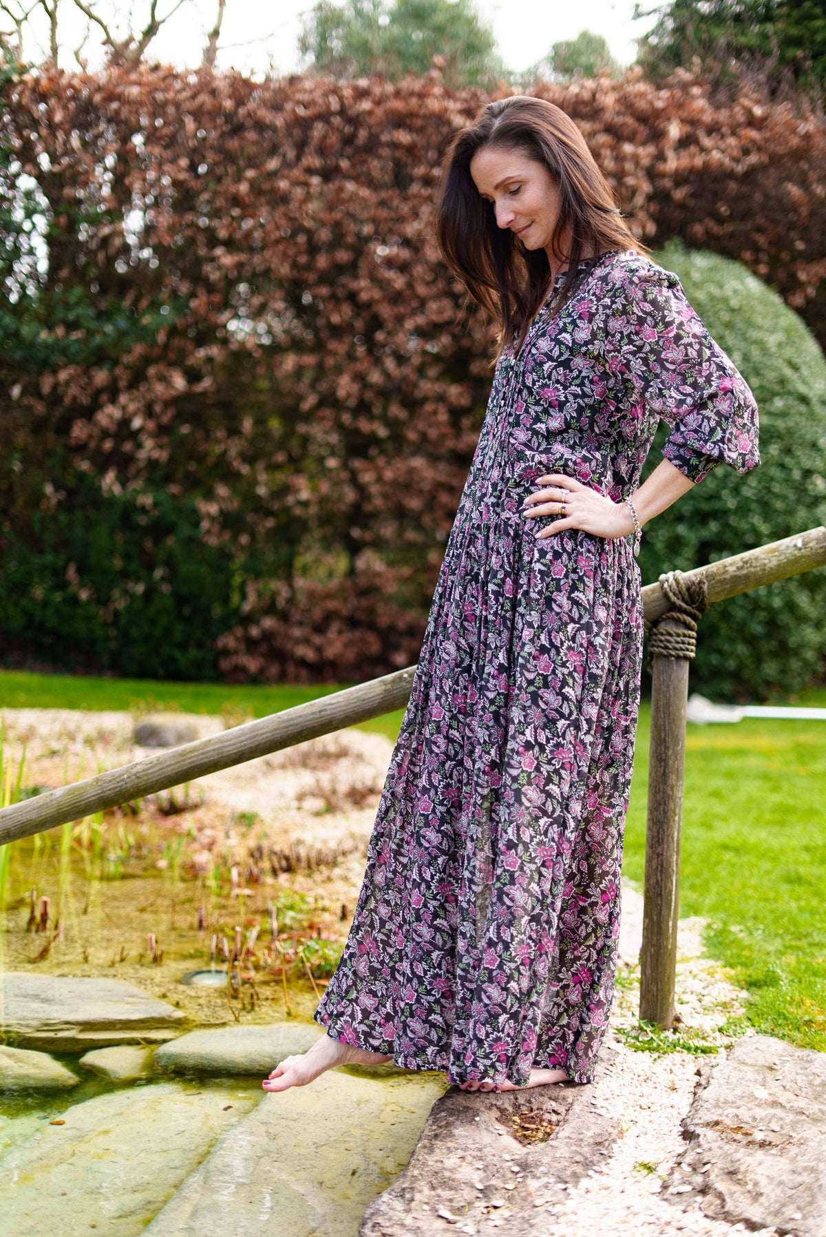 Floral Printed Cotton and Silk Maxi Dress | Black