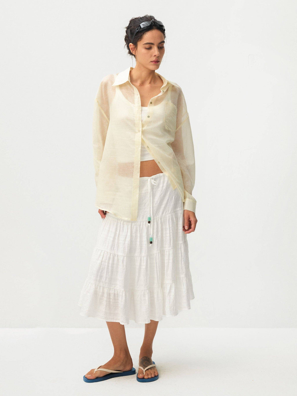 Lyocell Oversized Sheer Button-Down Shirt | Beige