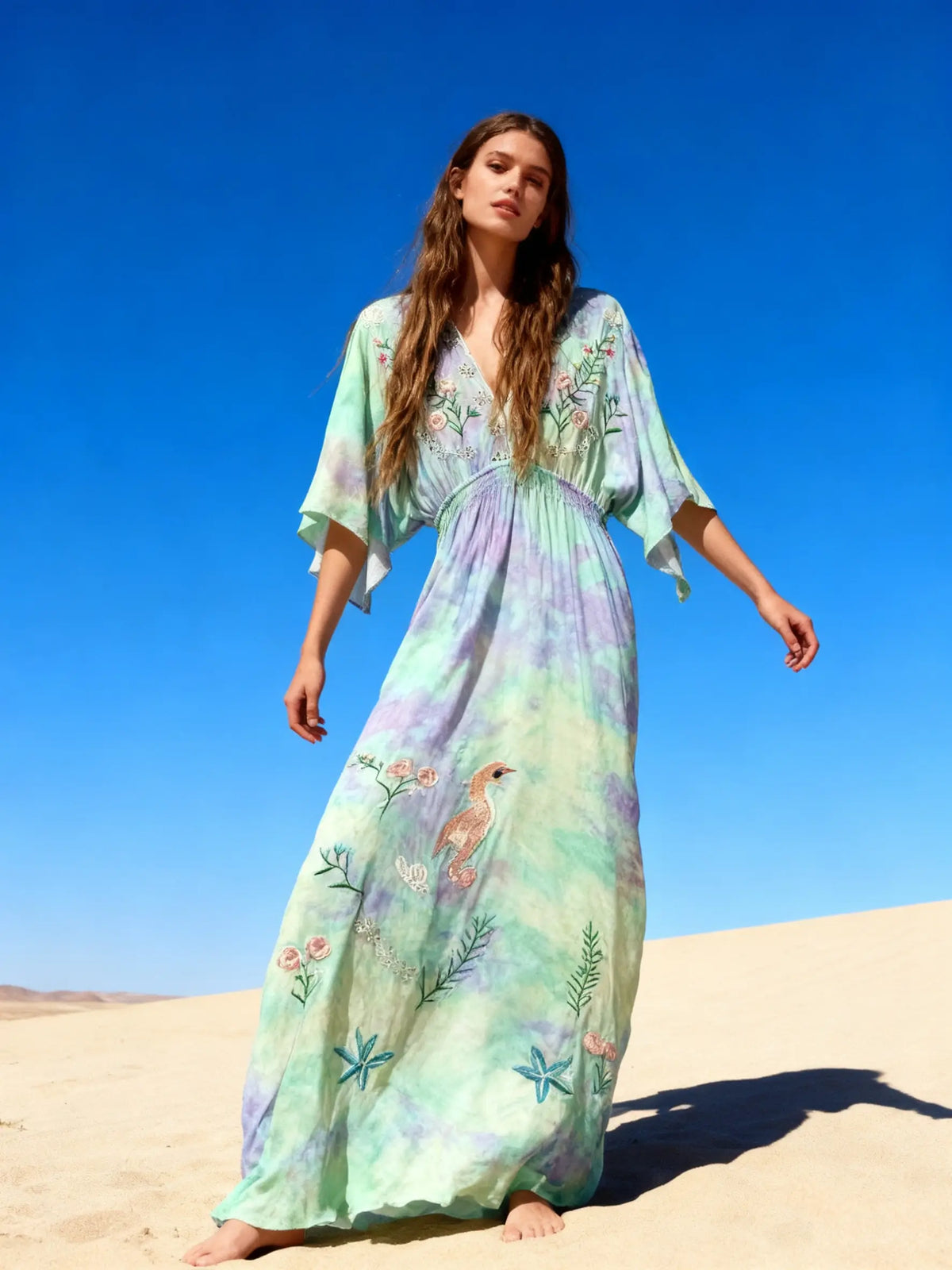 Tie Dye Flowy Embroidered Dress | Pastels