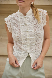 Lace Embroidered Top with Frog button Closure | Ecru