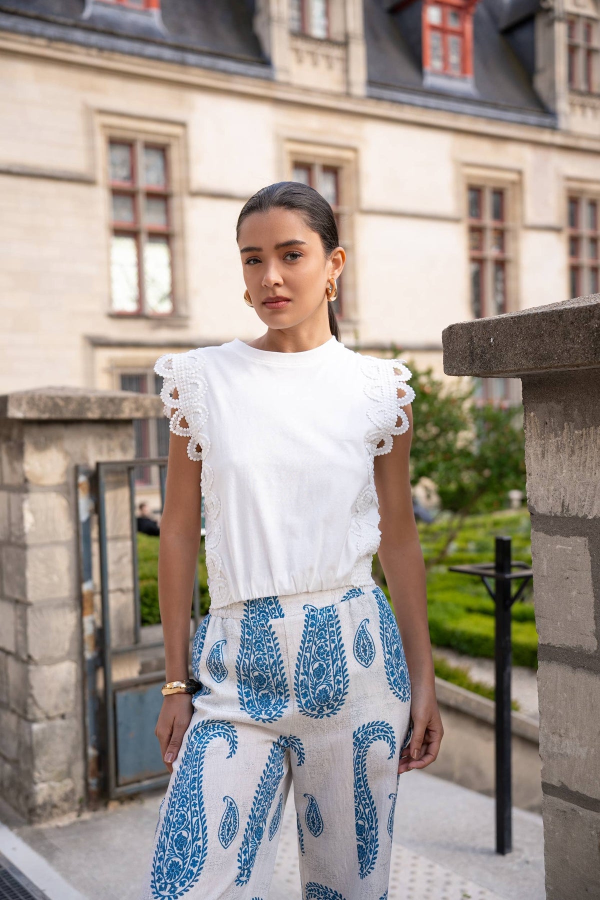 Cotton Lace Detail Cropped Top | White