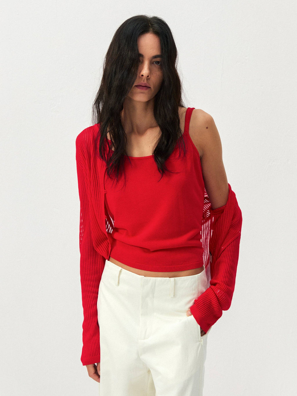 Sheer Ribbed Knit Two-Piece Set | Red