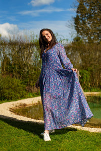 Floral Printed Cotton and Silk Maxi Dress | Blue