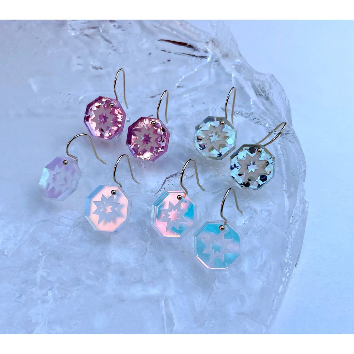 Mini Star Geo Drop Earrings - Pink Glitter