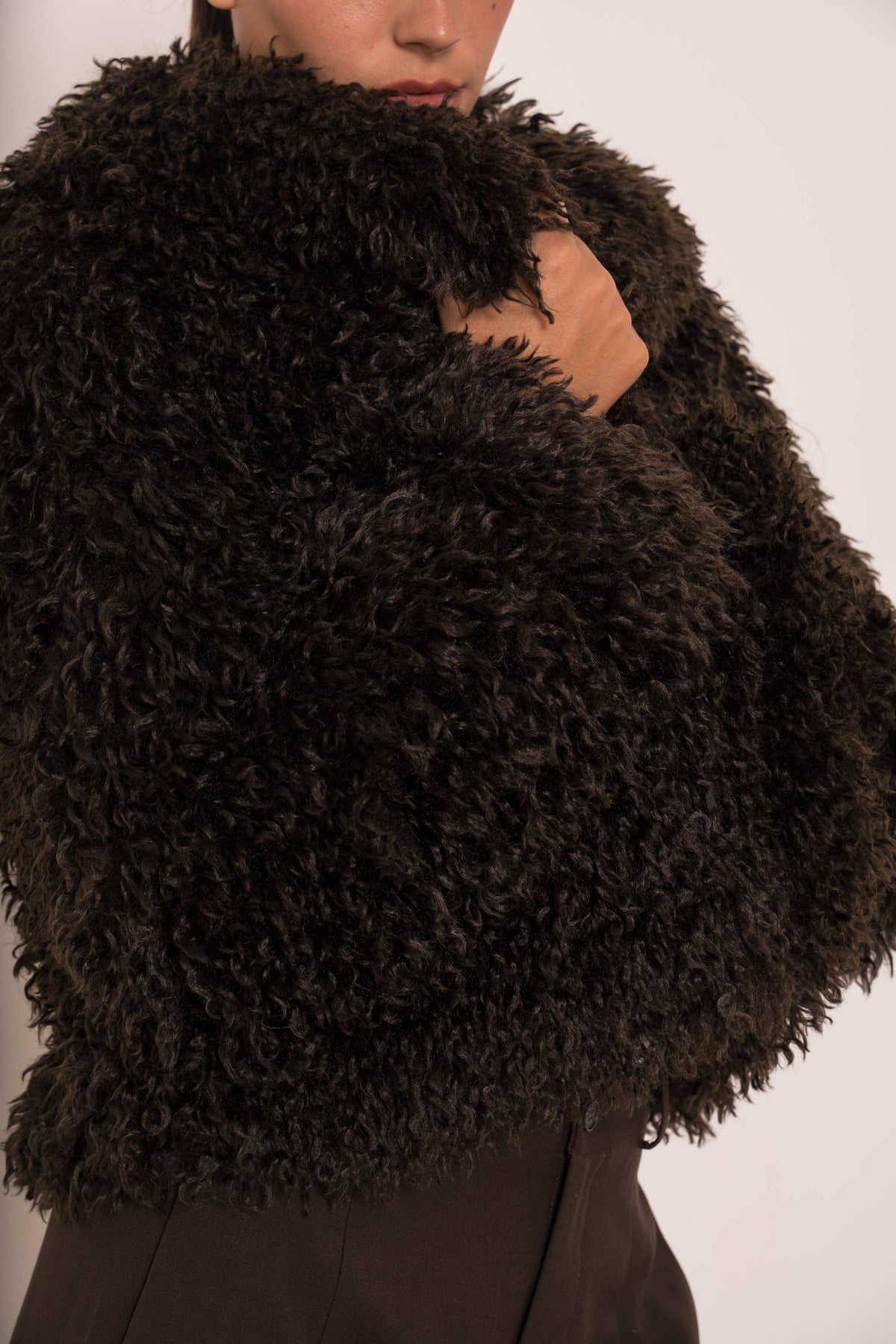 Curly Short Faux Fur Coat | Chocolate Brown