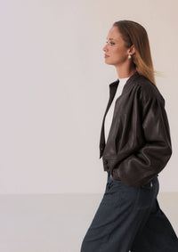 Fiona Vegan Leather Bomber Jacket | Brown