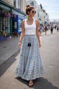 Maxi Woodblock Printed Skirt | Blue