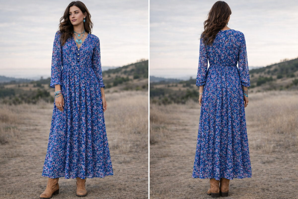 Floral Printed Cotton and Silk Maxi Dress | Blue