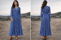 Floral Printed Cotton and Silk Maxi Dress | Blue