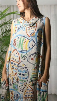Fish Printed Linen Boat Neck Dress