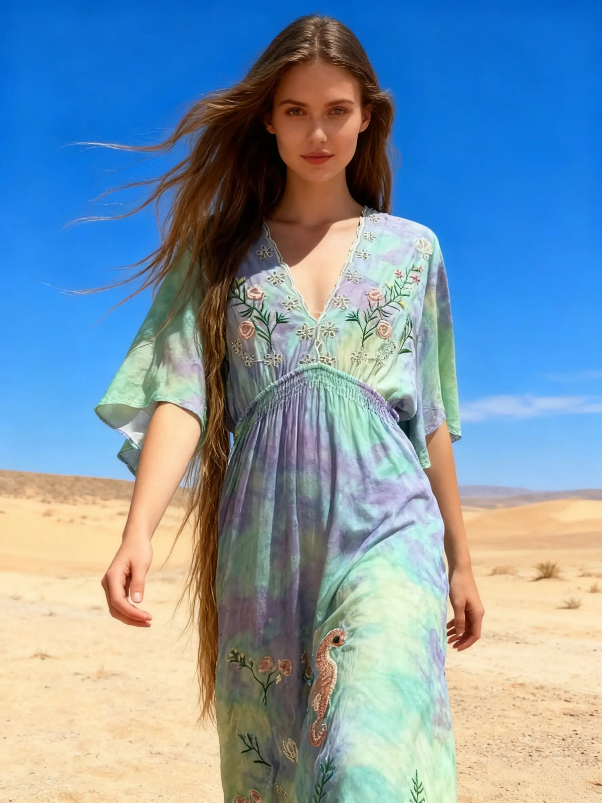 Tie Dye Flowy Embroidered Dress | Pastels