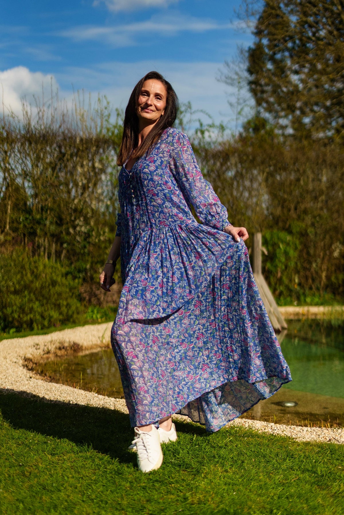 Floral Printed Cotton and Silk Maxi Dress | Blue