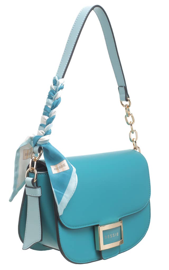Vintage Inspired Flap Over Cross Body Bag with Chain and Scarf detail