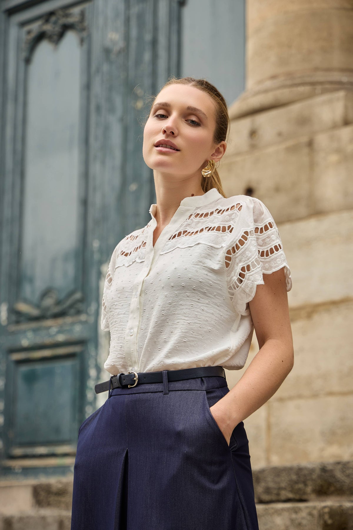 Lace Shoulder Dot Blouse | White