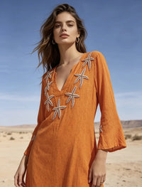 Mid-length dress embroidered with starfish, Liberty print