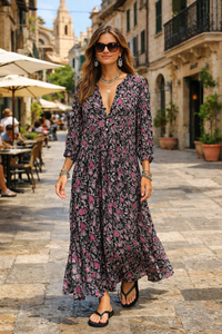 Floral Printed Cotton and Silk Maxi Dress | Black