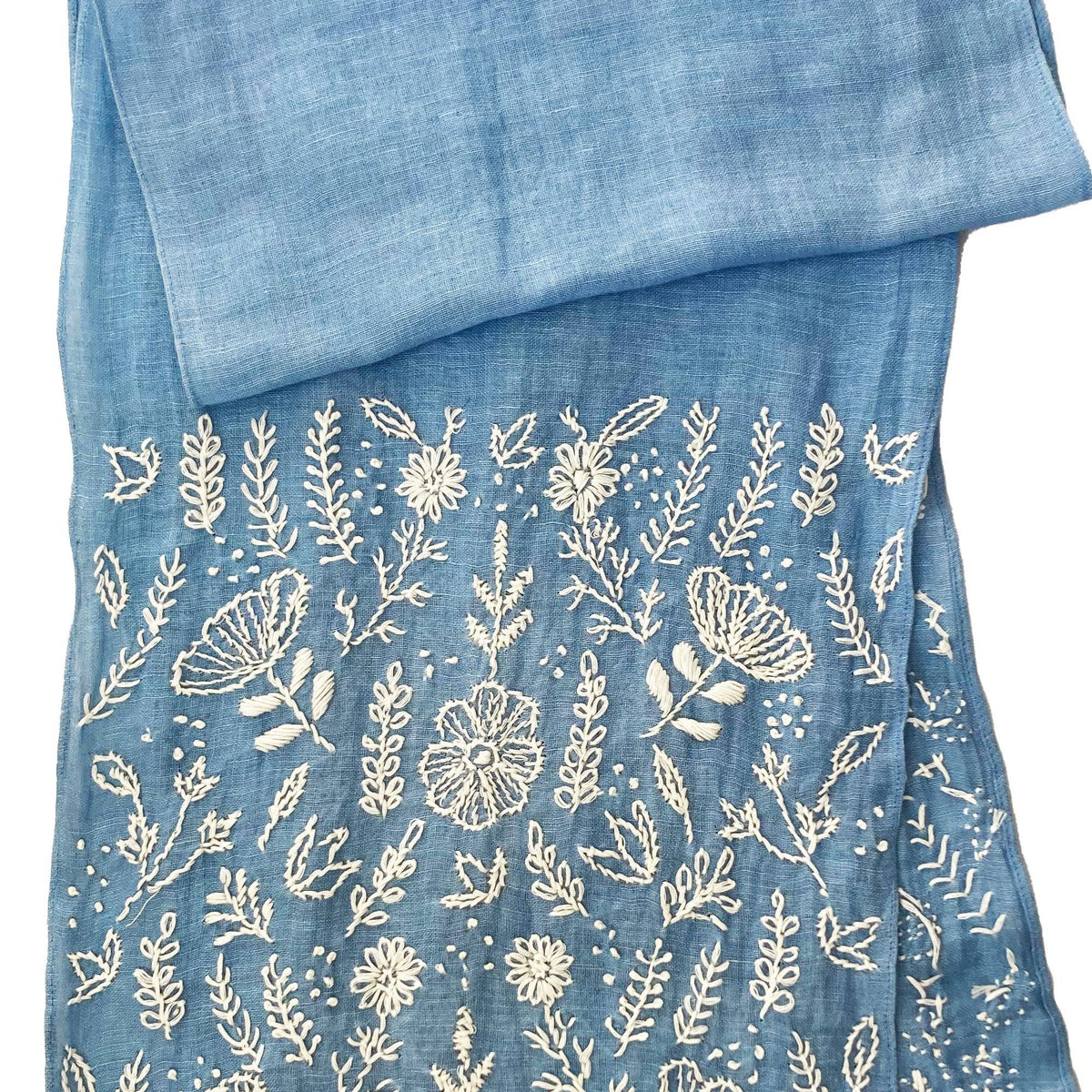 Hand Embroidered 100% Linen Scarf in Denim Blue Floral