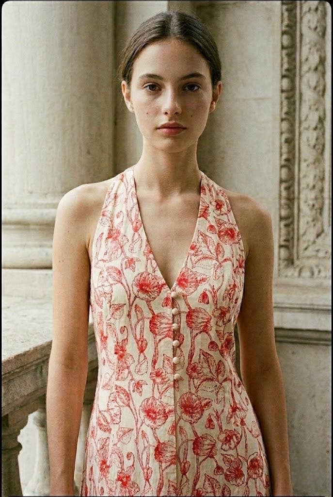 Long Printed Halter-Neck Style Cotton Dress