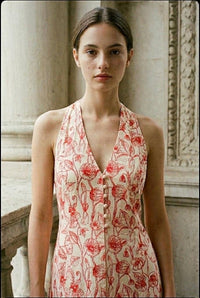 Long Printed Halter-Neck Style Cotton Dress