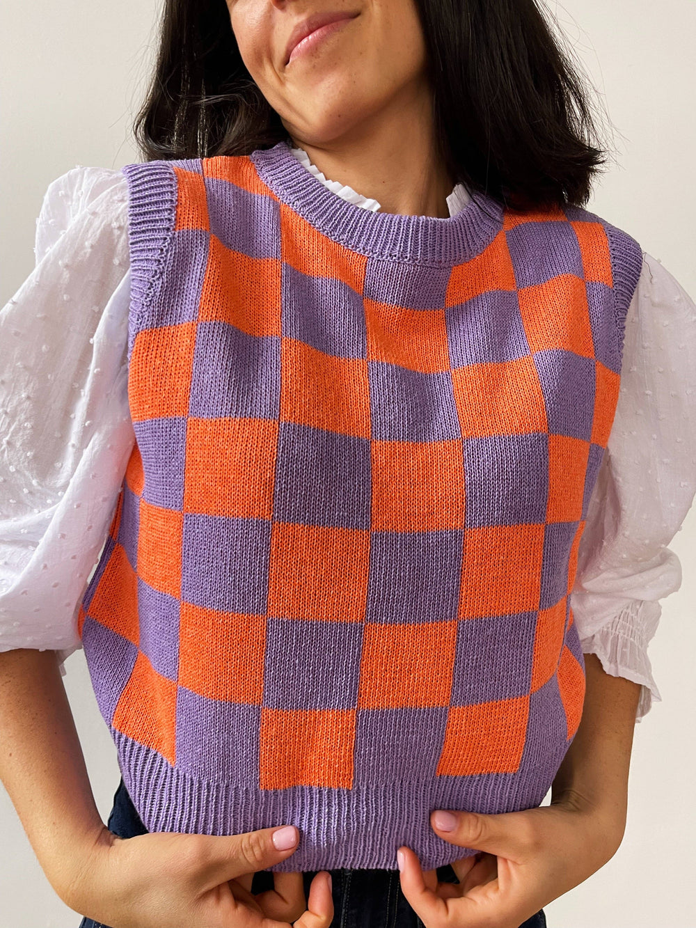 Lavender & Orange Checkered Cotton Blend Vest