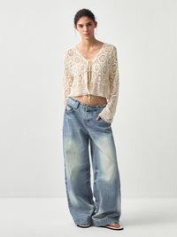 Cotton Crochet Lace Trim Cropped Cardigan