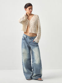 Cotton Crochet Lace Trim Cropped Cardigan