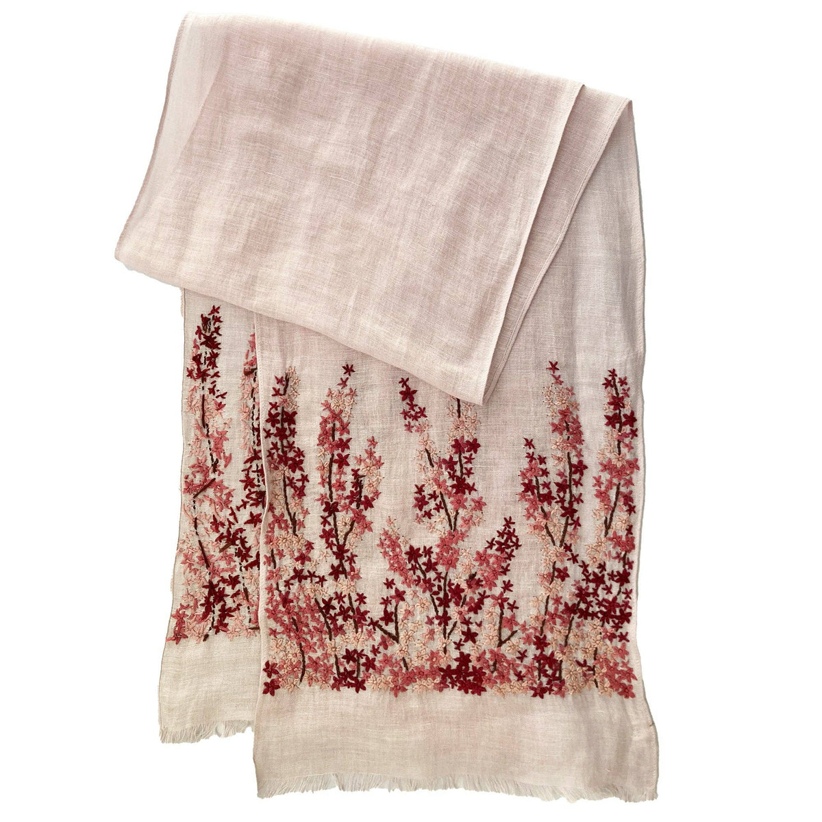 Hand Embroidered 100% Linen Scarf in Light Pink Meadow Floral