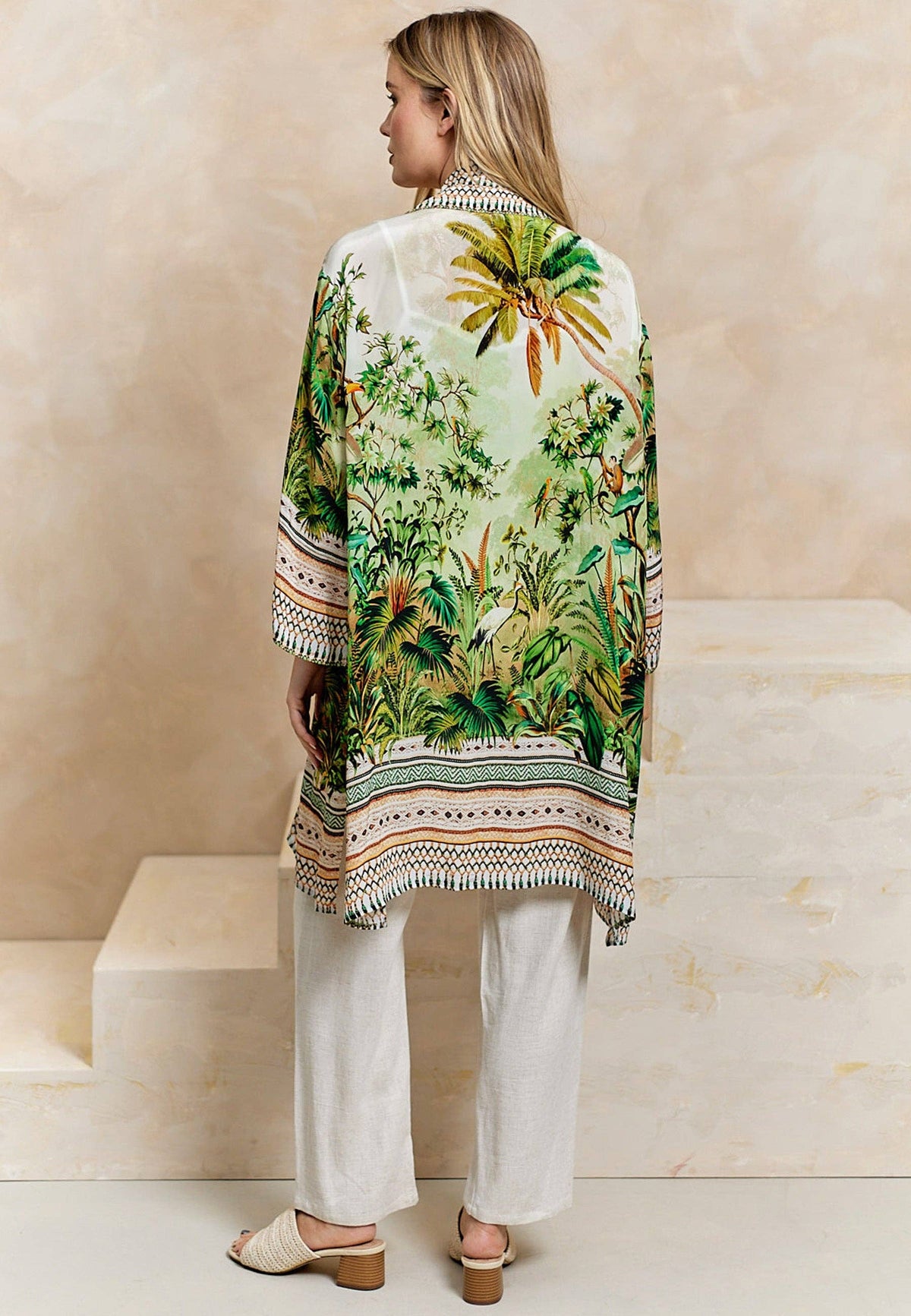 Luxurious Viscose Crepe Bordered Midi Kimono in Premium Tropical Print