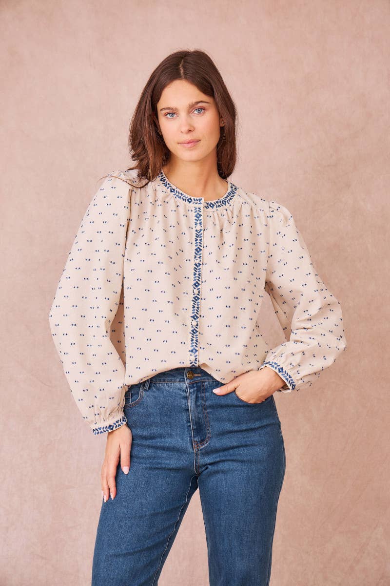 APOLLINE - Elegant Embroidered Cotton-Linen Blouse