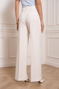 White Wide Leg Fluid High-Waisted Trousers with Belt Loops.