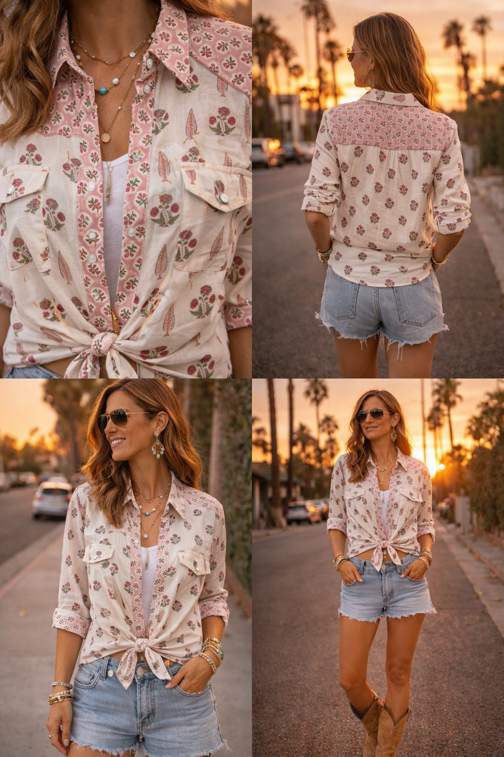 Western Style Woodblock Printed Cotton Voile Shirt | Pinks