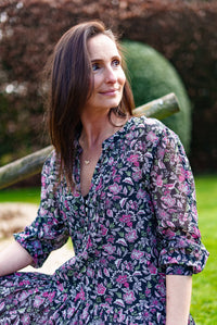 Floral Printed Cotton and Silk Maxi Dress | Black