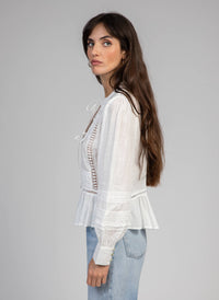 SYNDIOU White Lace Cotton Blouse with Tie Detail in White