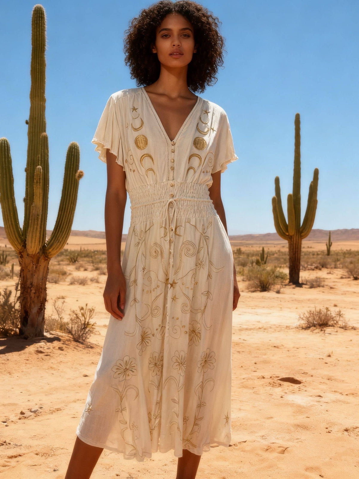 Long Embroidered Dress with V-neck | Natural