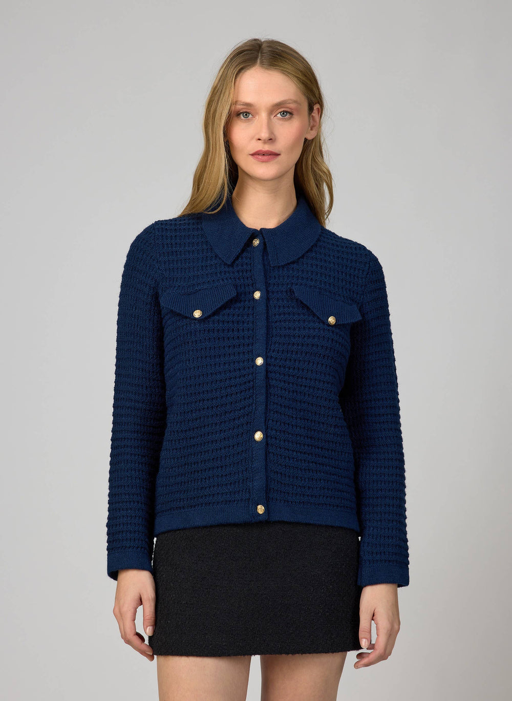 Chanel Style Navy Cardigan with Front Pockets