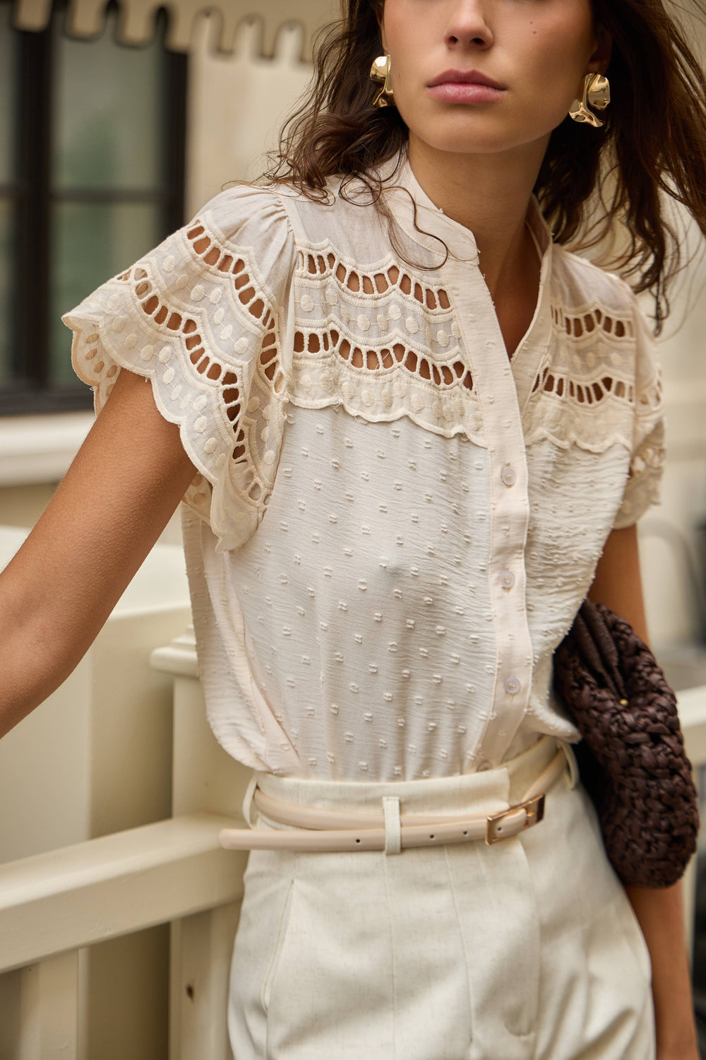 Lace Shoulder Dot Blouse | White