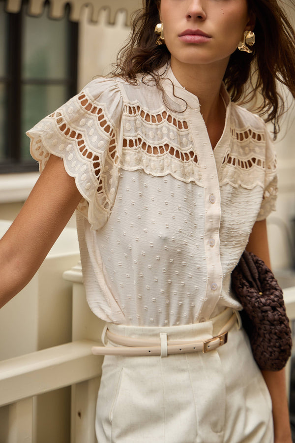 Lace Shoulder Dot Blouse | White