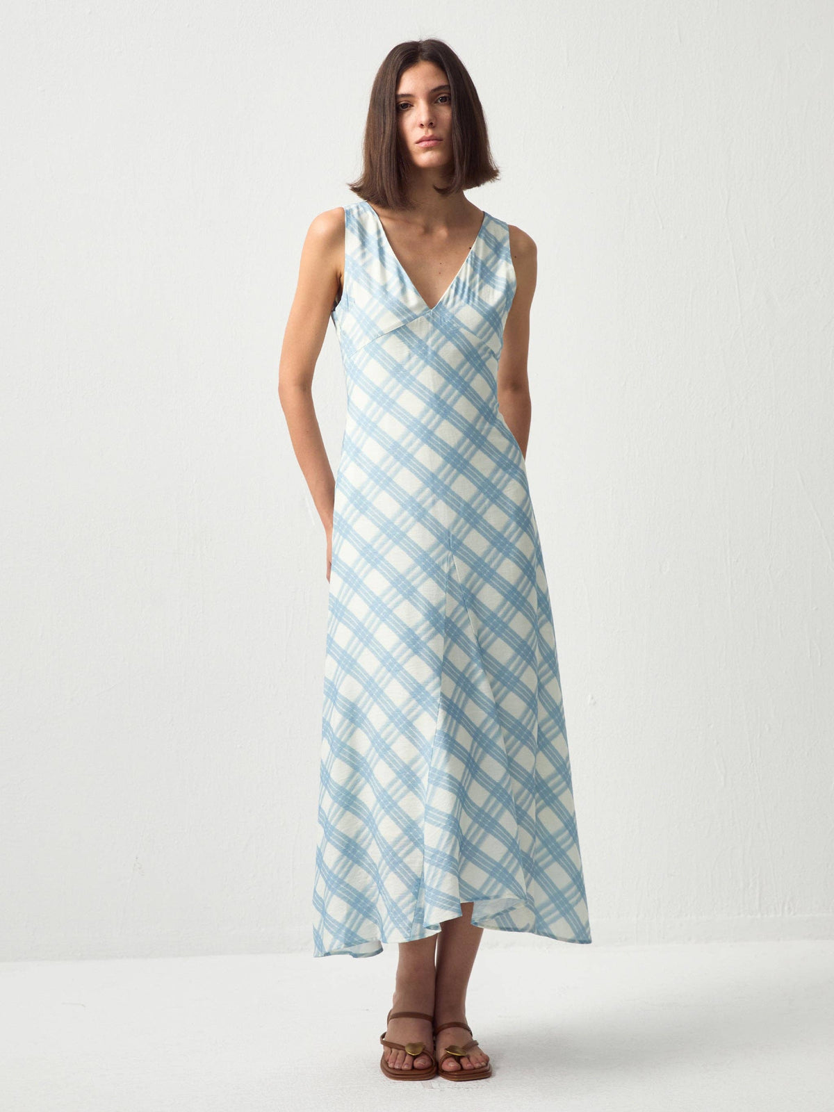 Plaid V-Neck Sleeveless Maxi Dress