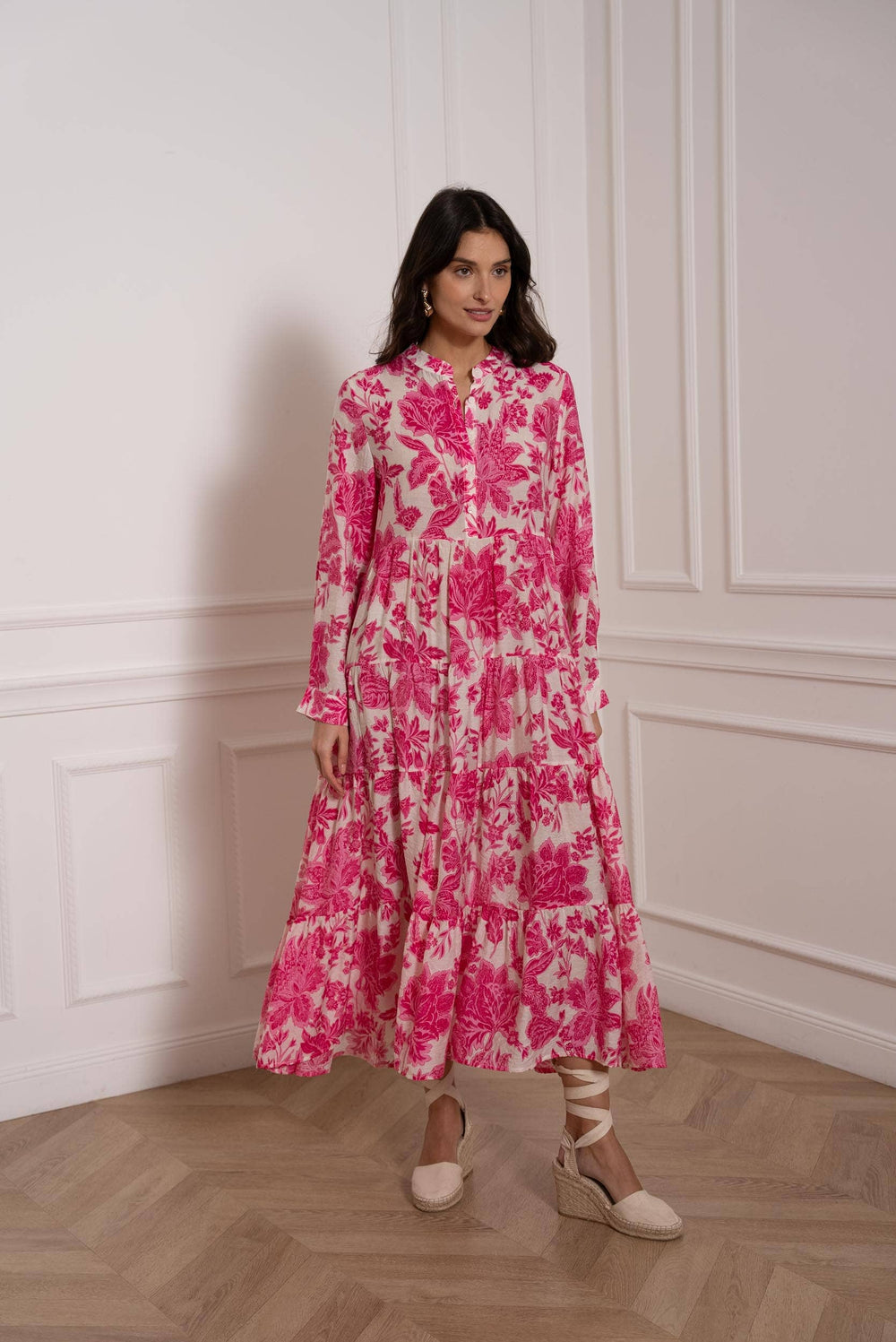 Marbella Silk & Viscose Green & White Printed Long Dress