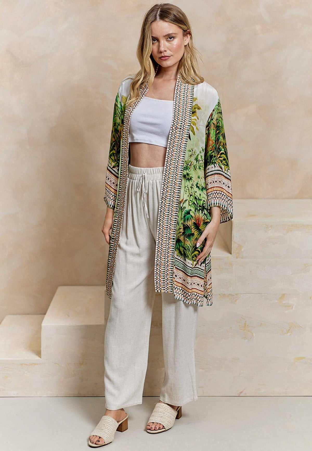 Luxurious Viscose Crepe Bordered Midi Kimono in Premium Tropical Print