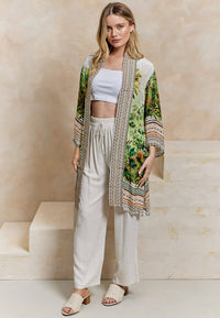 Luxurious Viscose Crepe Bordered Midi Kimono in Premium Tropical Print
