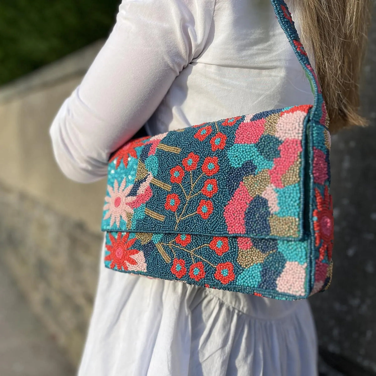 Teal Floral Beaded Shoulder Bag